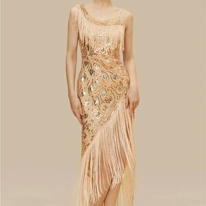 One-Shoulder Sequin Fringe Dress in Champagne Gold
